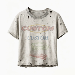 Wholesale Custom Mens Cropped Boxy T Shirt Full Body Bullet Hole Destroyed Edge Faded Dusty Wash Multi Overlay Retro Number & Text Grunge Street Brand Custom