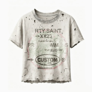 Wholesale Custom Mens Cropped Boxy T Shirt Full Body Bullet Hole Destroyed Edge Faded Dusty Wash Multi Overlay Retro Number & Text Grunge Street Brand Custom