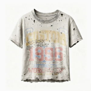 Wholesale Custom Mens Cropped Boxy T Shirt Full Body Bullet Hole Destroyed Edge Faded Dusty Wash Multi Overlay Retro Number & Text Grunge Street Brand Custom